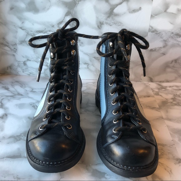 John Fluevog Black Chunky Platform Lace Up Combat Boots with Blue Angle Stripe - Picture 2 of 16